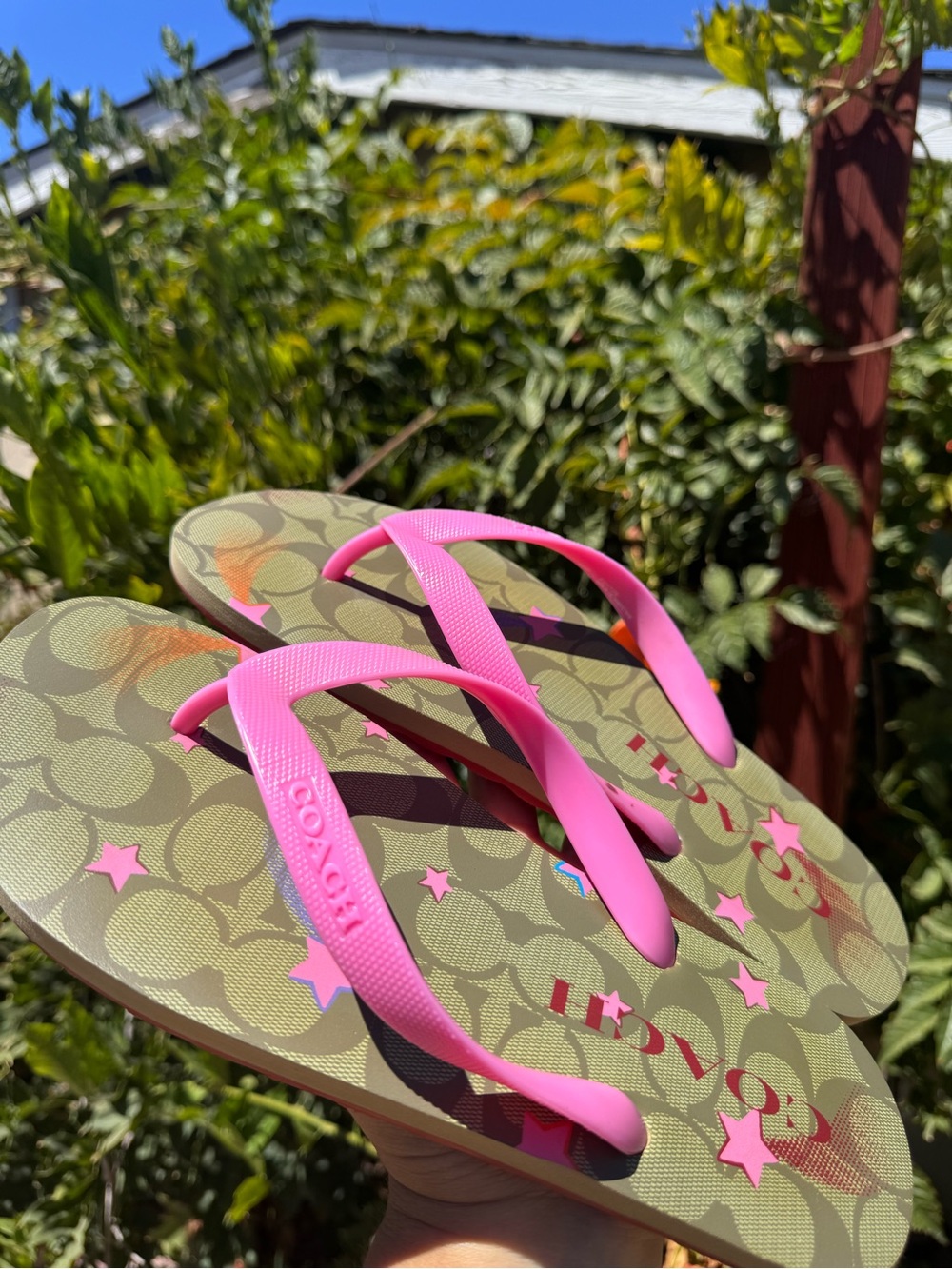 Coach Olive Monogram Flip Flops with Pink Straps